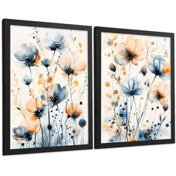 POSTER 2er-Set Wandbilder Blumen Blau Orange Boho modern Wohnzimmer Deko, Schlafzimmer, Küche, Badezimmer Rahmenlos A4