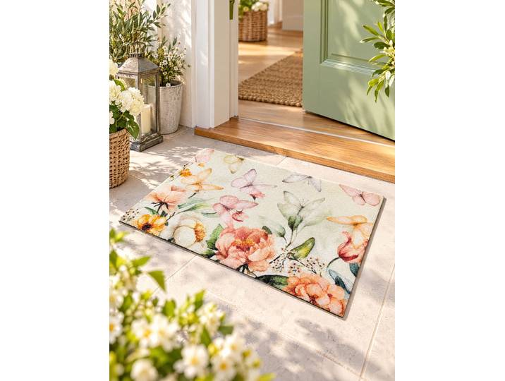 Ansprechende Fußmatte mit Blüten und Schmetterlinge, Bunt