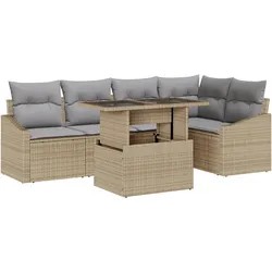 vidaXL 6-teiliges Garten-Sofaset mit beigen Kissen aus Poly-Rattan
