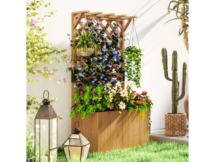 Outsunny Potager Surélevé avec Treillage Bois Naturel 64x33x122cm