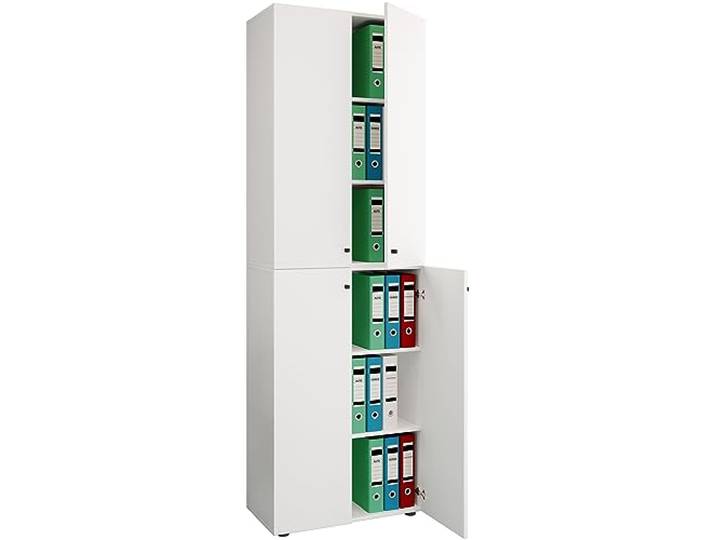 VCM Büroschrank Weiß 70x40x220 cm 4 Türen 6 Fächer für Homeoffice Büromöbel Ordnung für Akten und Ordner - praktisch fürs Homeoffice und Büro - für Angestellte und Selbstständige, Holzwerkstoff