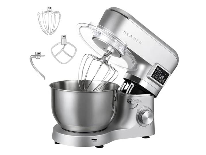 KLAMER Classic Küchenmaschine 1400 W mit 5,5 L Edelstahlschüssel Knetmaschine mit planetarischem Rührwerk verarbeitet schwere Brotteige mühelos, arbeitet gleichmäßig mit Fermentierfunktion