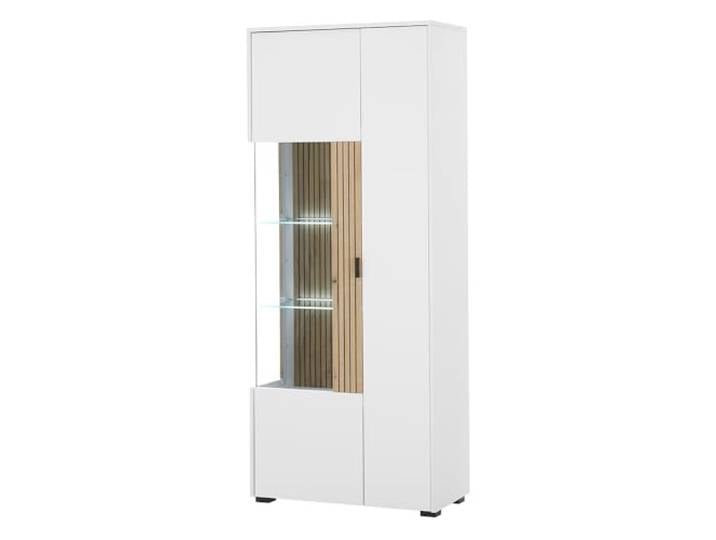 Lomadox Vitrinenschrank Vitrine Standvitrine Glasvitrine LED Beleuchtung Glasböden weiß matt Eiche Rillen 75x180x38 cm