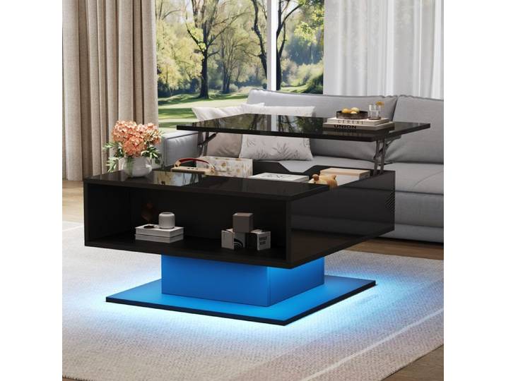Table basse relevable noire brillante avec rangement caché et LED