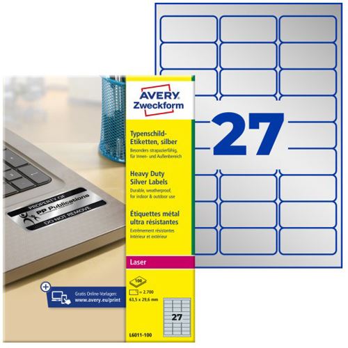 AVERY Zweckform 2.700 Typenschildetiketten L6011-100 silber 63,5 x 29,6 mm