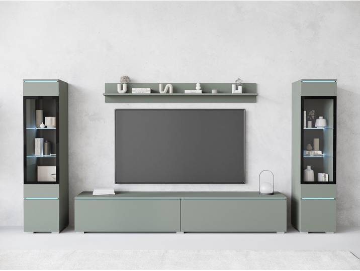 Wohnwand HOME AFFAIRE VERA II , grün (salbei), B:260cm H:130cm T:33cm, Kastenmöbel-Sets, Wohnwand, Vitrine mit Verglasung, stehend und hängend, inklusive Beleuchtung