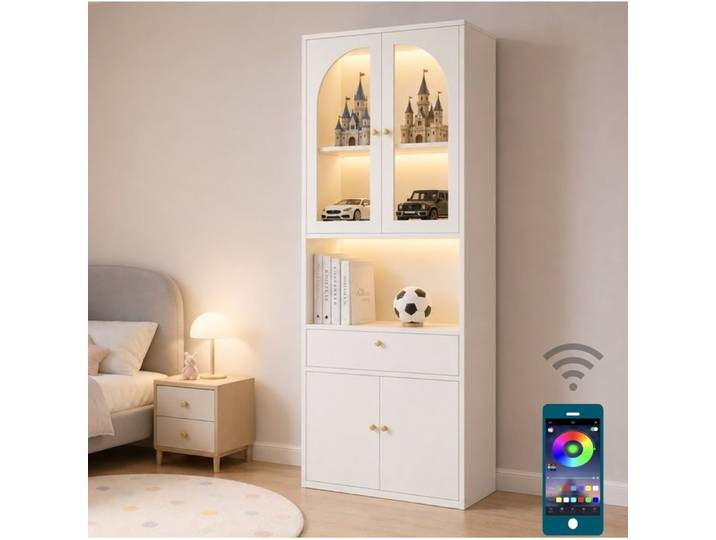 PENQUR Vitrine haute 70 x 35 x 180 cm avec LED RGB portes vitrées tiroir et rangement blanc