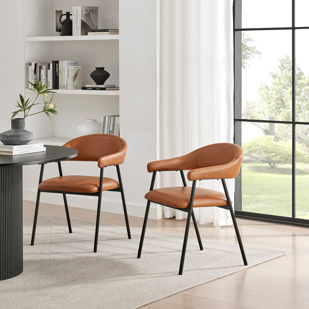 Canora Grey Belmira Luxury Dining Chairs - Curved Backrest Design Tan Faux Leather 78cm H X 57cm W X 59cm D