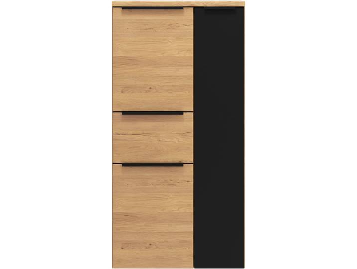 Midischrank WELLTIME MAILAND, Softclose-Auszug, gedämpfte Scharniere, hochwertiges MDF , braun (wildeiche, matt schwarz), B:65cm H:130cm T:35cm, MDF, Schränke, Midischrank, Wildeiche, gedämpfte Scharniere und Softclose-Auszug