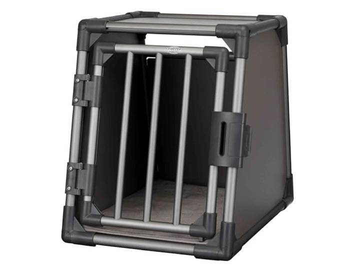 TRIXIE Hunde-Transportbox, Aluminium, S: 48 x 56 x 61 cm, Grafit, inklusive Rutschfester Liegematte, extra stabil, sicher, geräuscharm, Klettleisten am Boden, Sicherheitsverschluss - 39335