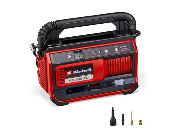 Einhell Compresseur à air portatif sans fil PRESSITO 18/25 PXC 18 V 11 bar flexible haute pression 71 cm flexible basse pression 1\,6 m 3 adaptateurs sans batterie