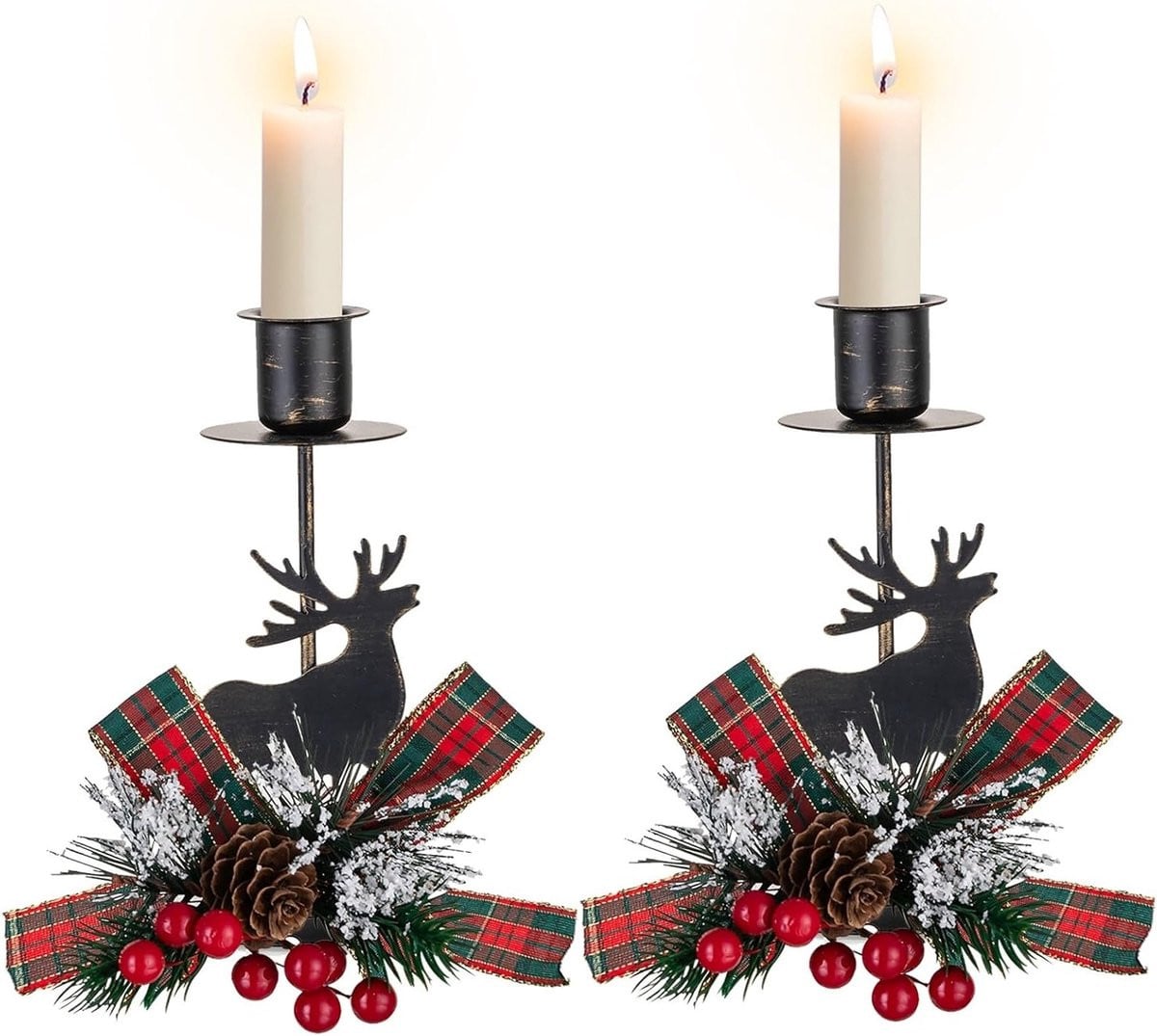Decoratieve Kerst Kandelaar Set van 2 - Zwarte Herten Kandelaar met Kerststrik voor Tafel en Haard Versiering