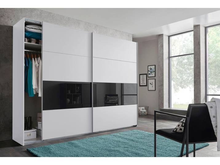 Schwebetürenschrank WIMEX Bramfeld Kleiderschrank , schwarz (weiß, absetzung schwarzglas), B:270cm H:208cm T:64cm, Schränke, Schwebetürenschrank, mit Glaselementen und zusätzlichen Einlegeböden