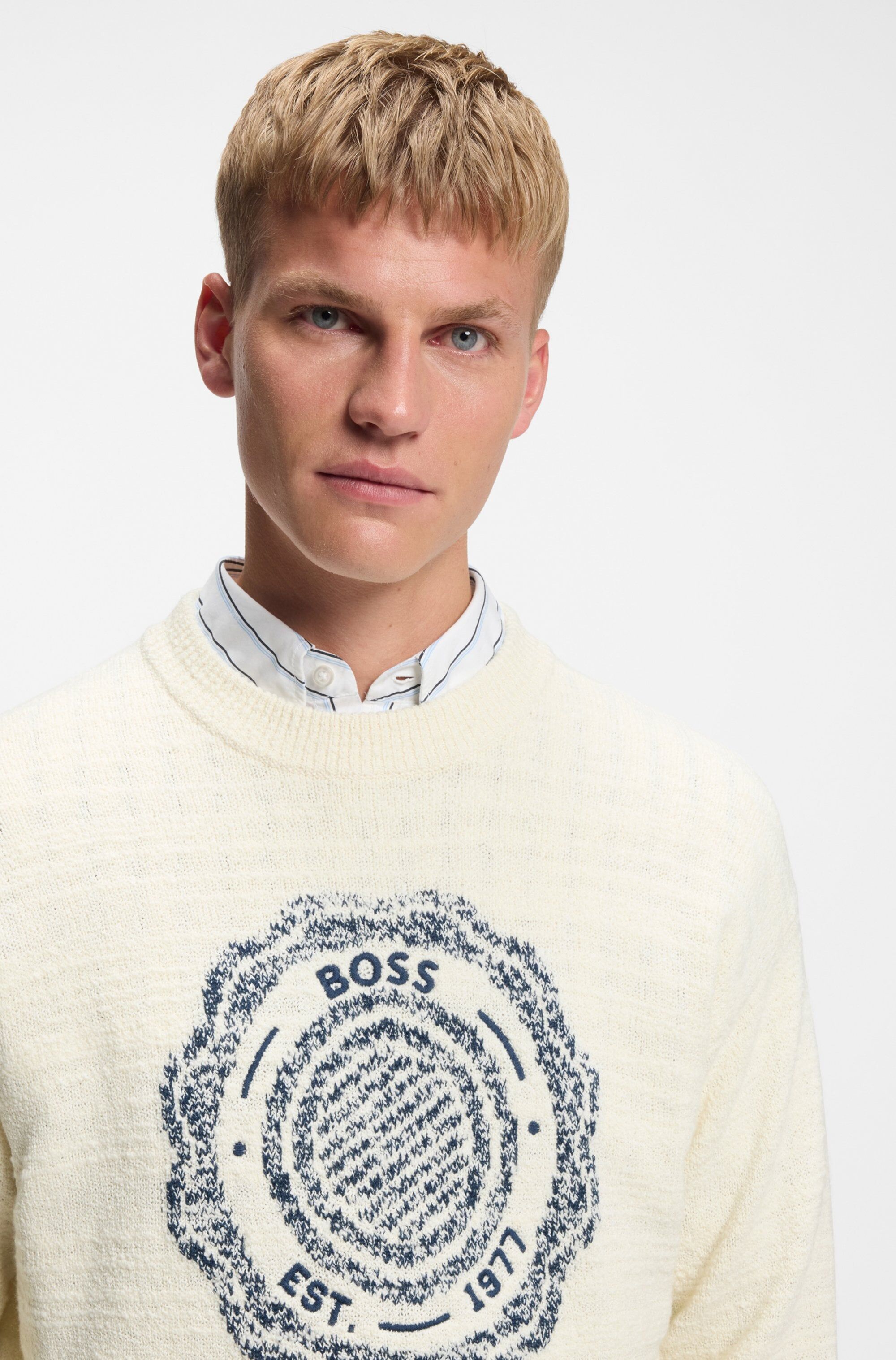 Strickpullover BOSS ORANGE "Kerbert", Herren, Gr. XL, beige (natural106), Strick, Obermaterial: 48% Wolle, 40% Baumwolle, 12% Polyamid, unifarben, regular fit normal, Rundhals, Bündchen, Pullover Strickpullover, Regular Fit, Rundhalsausschnitt, BOSS-Logo