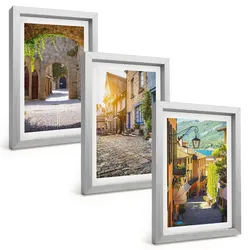 BILDER SET 3er Set - 20x30 cm Silberner Rahmen - Charmante Steinstraßen