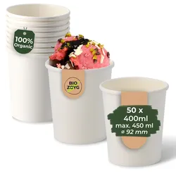 BIOZOYG 50 Stück Eisbecher Pappe 400 ml weiß  - umweltfreundlich, recycelbar, plastikfrei - Joghurtbecher, Papierbecher
