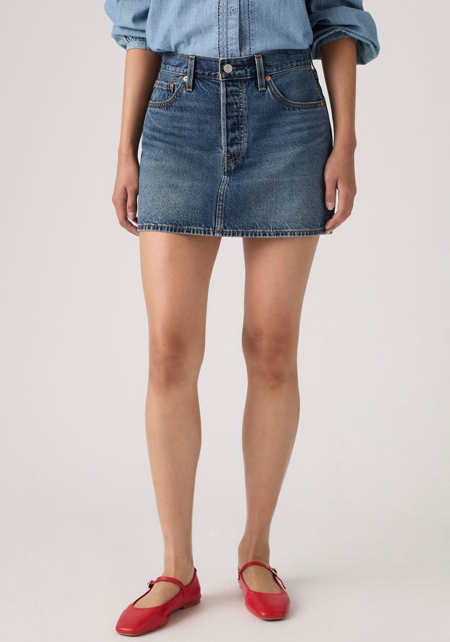 Jeansrock LEVI'S "ICON SKIRT", Damen, Gr. 31, blau (phoenix rising skirt), Web, Obermaterial: 100% Baumwolle, kurz, Röcke Jeansrock, mit Used-Effekten und ausgefransten Kanten phoenix rising skirt 31