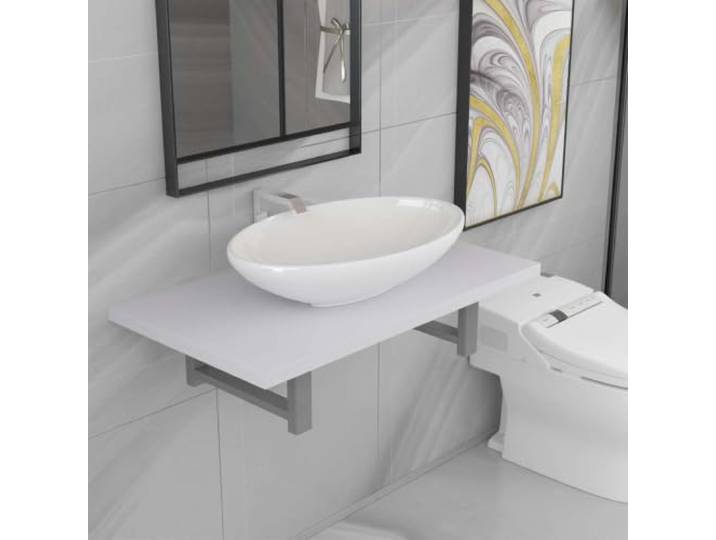 2-tlg. Badmöbel-Set mit Wandregal und ovalem Keramikwaschbecken, Weiß Ovalförmiges Keramikbecken, Hochglanzoberfläche, robustes Wandregal, inkl. Montagematerial, für Bad und Gäste-WC