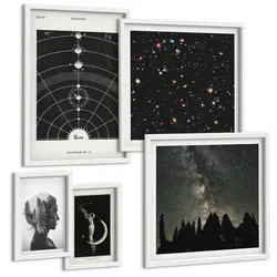 BILDER SET 5er Set - 50x50 cm & 20x30 cm & 40x60 cm Weißer Rahmen - Galaxie im Sonnensystem