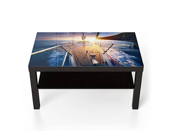 DEQORI Glastisch schwarz groß 90x50 cm Motiv Segelboot jagt Abendsonne ausgefallener Beistelltisch aus Glas Hochglanz Couchtisch fürs Wohnzimmer moderner Couch Tisch mit Design