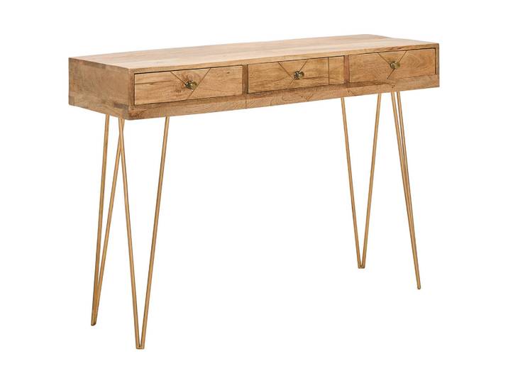 Landscape Konsolentisch, Gold, Hellbraun, Holz, Metall, Mangoholz, massiv, 3 Schublade(n) Schubladen, Haarnadel, 43x82x115 cm, Holzmöbel, Holztische, Konsolentische Holz