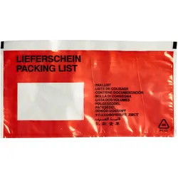 1000 SPRINTIS Lieferscheintaschen selbstklebend, DIN-lang, 1000 Stück, transparent, rot/schwarz, zuverlässige Dokumententasche für Paket und Logistik, PE