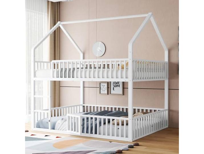 Ball & Cast Stockbett (140x200cm) mit Hohem Geländer, Metal Etagenbett mit Kleiner Tür zum Öffnen und Schließen, EStabil & Rauschlos, Weiß