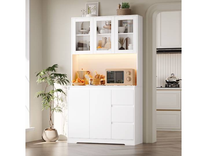 Getone Meuble Cuisine Rangement avec LED, Buffet Cuisine avec 2 prises 2 USB, Meuble Cuisine, Vaisselier avec Étagère Réglable 5 Portes 3 Tiroirs 100x38.5x180cm
