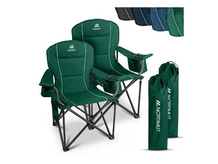Nordmut Campingstuhl Klappstuhl faltbar, Outdoor Strand Angeln Garten, 200 kg, Armlehne (Spar-Set, 2 St), Kühltasche, Getränkehalter, breite Sitzfläche, gepolstert, wetterfest