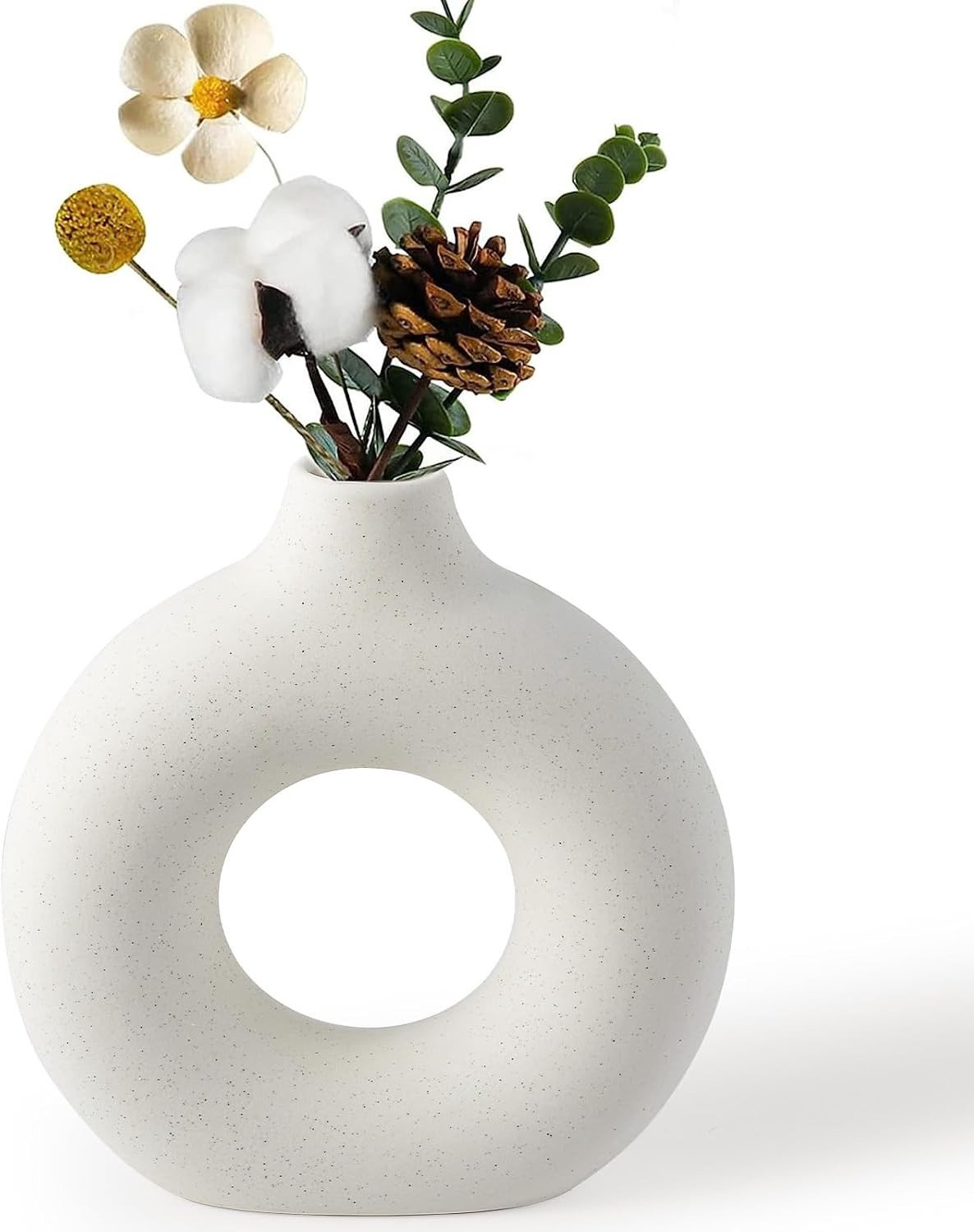Witte Keramische Donutvaas voor Pampasgras - Matte Ronde Vaas voor Moderne Boho Decoratie