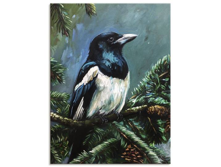 Wandbild ARTLAND Die Elster im Tann , grün (farbe bild(er): blau), B:45cm H:60cm, Bilder, Wandbild, als Alubild, Leinwandbild, Poster, Wandaufkleber in verschied. Grössen