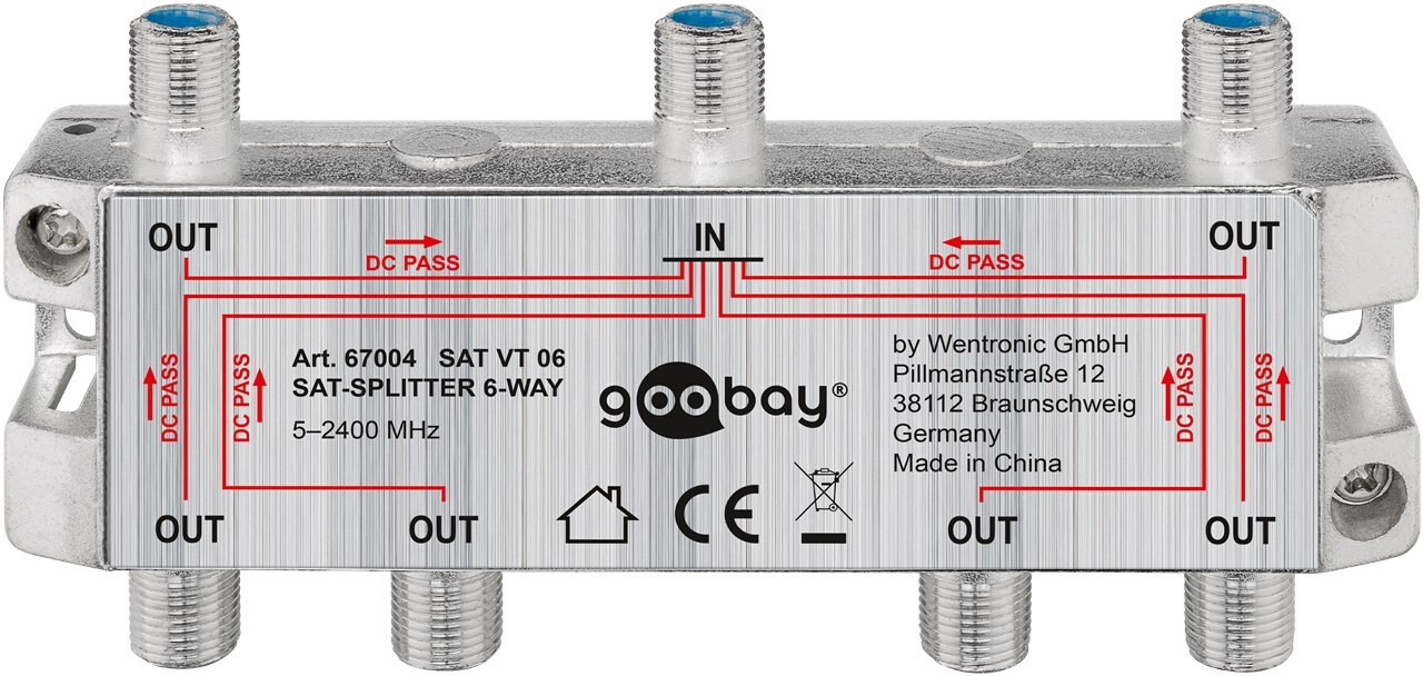 Goobay Sat-signaalverdeler, 6-voudig, frequentiebereik 5-2450 MHz