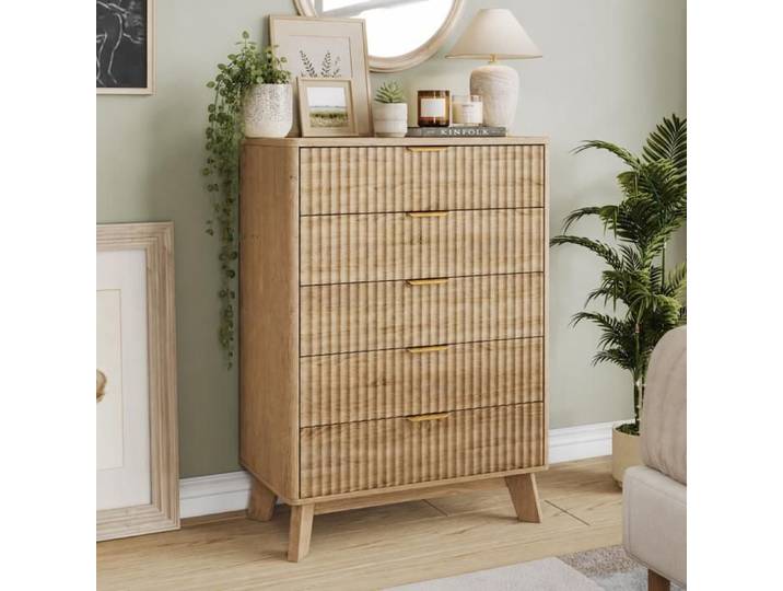 Commode à 5 tiroirs 73x40x108 cm Meuble de rangement à effet rainuré Bois Commode de chambre pour salon chambre bureau