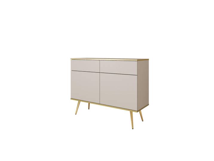 Ravio Kommode Forno (Beige, Goldene Details, 2 Türen, 2 Schubladen, goldene Metallfüße), Beige, Goldfarben, Eiche, Rechteckig, 107x85x39 cm, Kleinmöbel, Kommoden, Sideboards