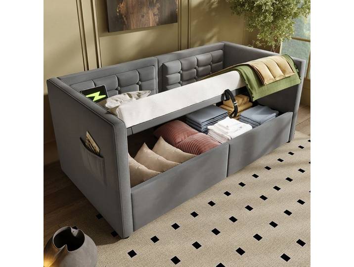 Canapé-lit - SINGULARITY - LIT GIGOGNE 90x200 cm - Velours - Rangement hydraulique - Station USB/Type-C