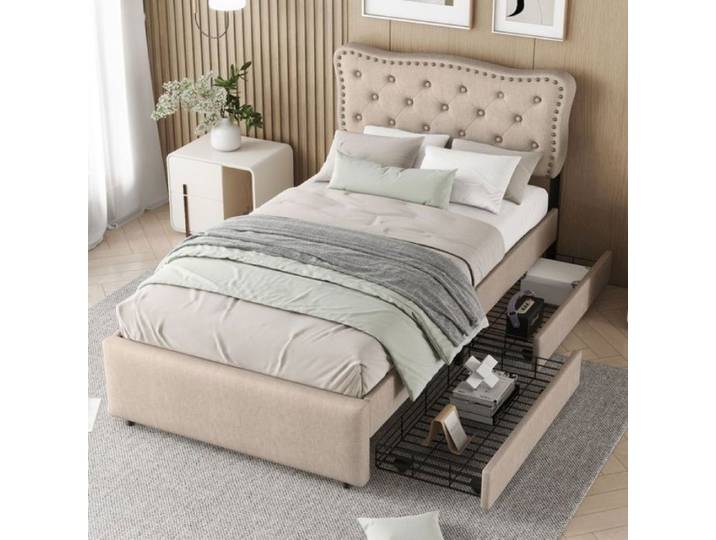 Lit simple 90x200 cm - Lit coffre - Beige foncé - 1 place - Avec tiroirs
