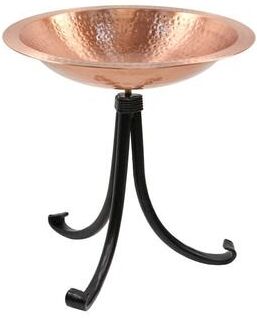 "Achla Designs 14""W Round Satin Copper Hammered Solid Birdbath w/ Black Wrought Iron Tripod Stand"