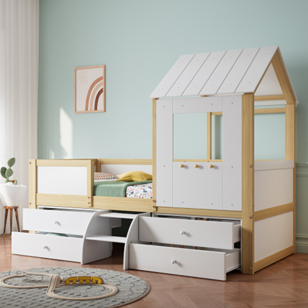 Kinderbett, Hausbett mit Dach und Fenster, Vierseitiger Zaun, mit 4 Schubladen und kleine Treppe, 90x200cm