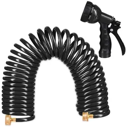 Relaxdays Spiralschlauch Wasser, bis 10 m ausziehbar, flexibler Gartenschlauch mit Wasserbrause, 7 Strahlarten, schwarz