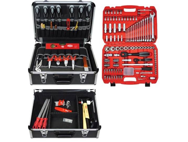 FAMEX 440-23 Gereedschapskoffer, gevuld met gereedschapsset en dopsleutelset, uitbreidbaar, professionele kwaliteit, afsluitbaar, capaciteit 24 kg