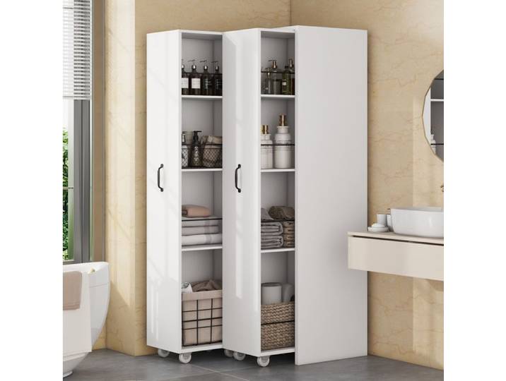 Bibliothèque étagère sur roulettes extensible en MDF blanc 4 étagères montage réversible 51 5 x 41 x 158 cm ORVRYN