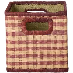 RICE Quadratischer Raffia Korb mit braunen Karos, Small (H 20 x L 20 x B 20 cm)