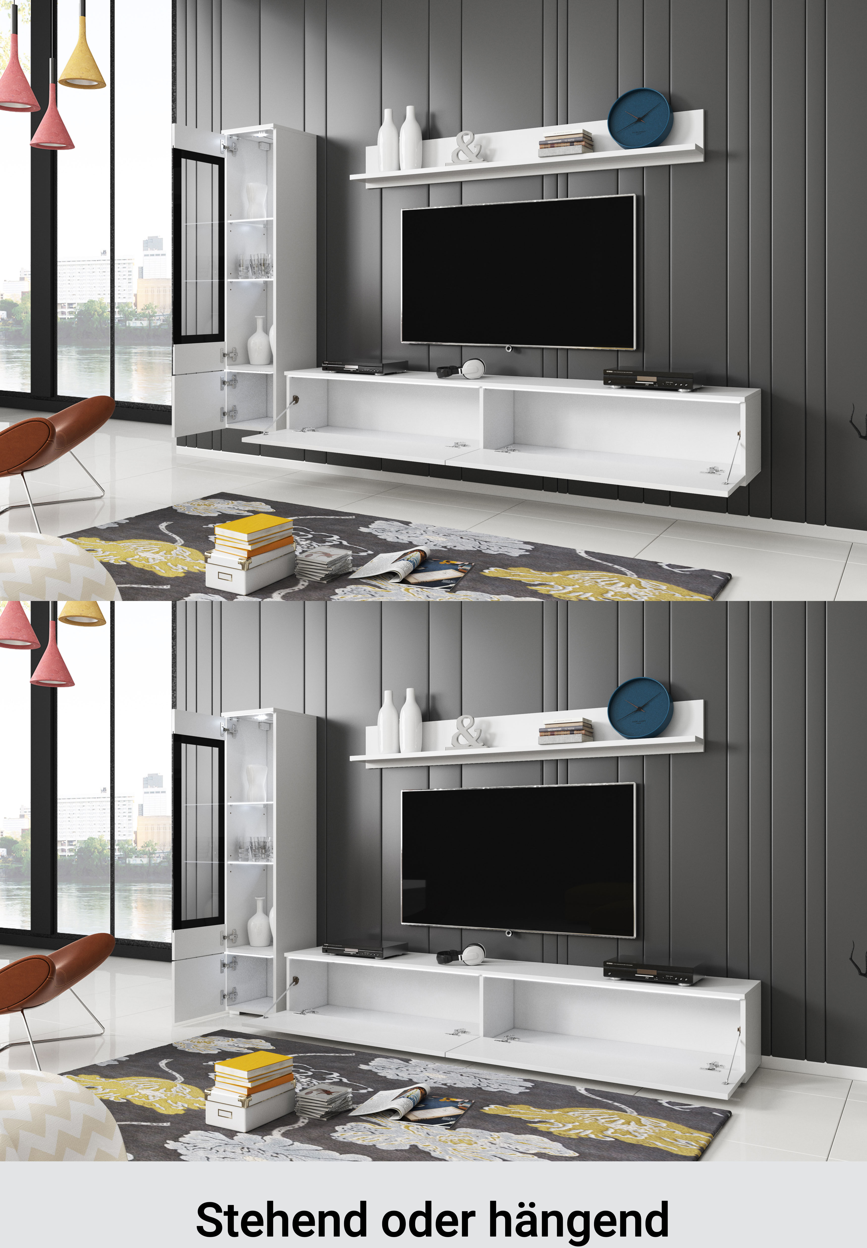 Wohnwand HOME AFFAIRE "VERA I, Vitrinen Türanschlag links/rechts wechselbar", grau (beton smart, weiß hochglanz), B:230cm H:130cm T:33cm, Kastenmöbel-Sets, Wohnwand, Vitrine mit Verglasung, stehend und hängend, Türanschlag wechselbar beton smart, weiß hoc