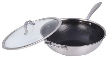 Brentwood 12-inch 4.2 Quarts Hybrid Non-Stick Stainless Steel Wok with Glass Lid