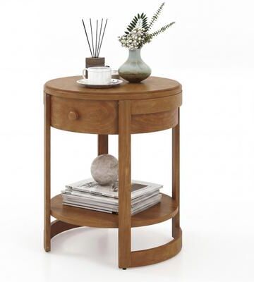 Costway 2-Tier Round End Table Mid Century Modern Nightstand-Oak