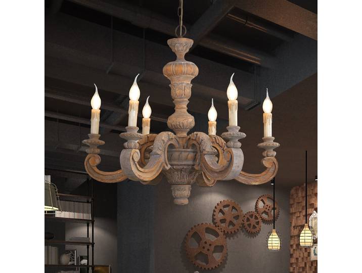 Lustre rétro en bois, lampe suspendue de style européen vintage pour salon, chambre à coucher, style farmhouse, avec bougies sculptées.