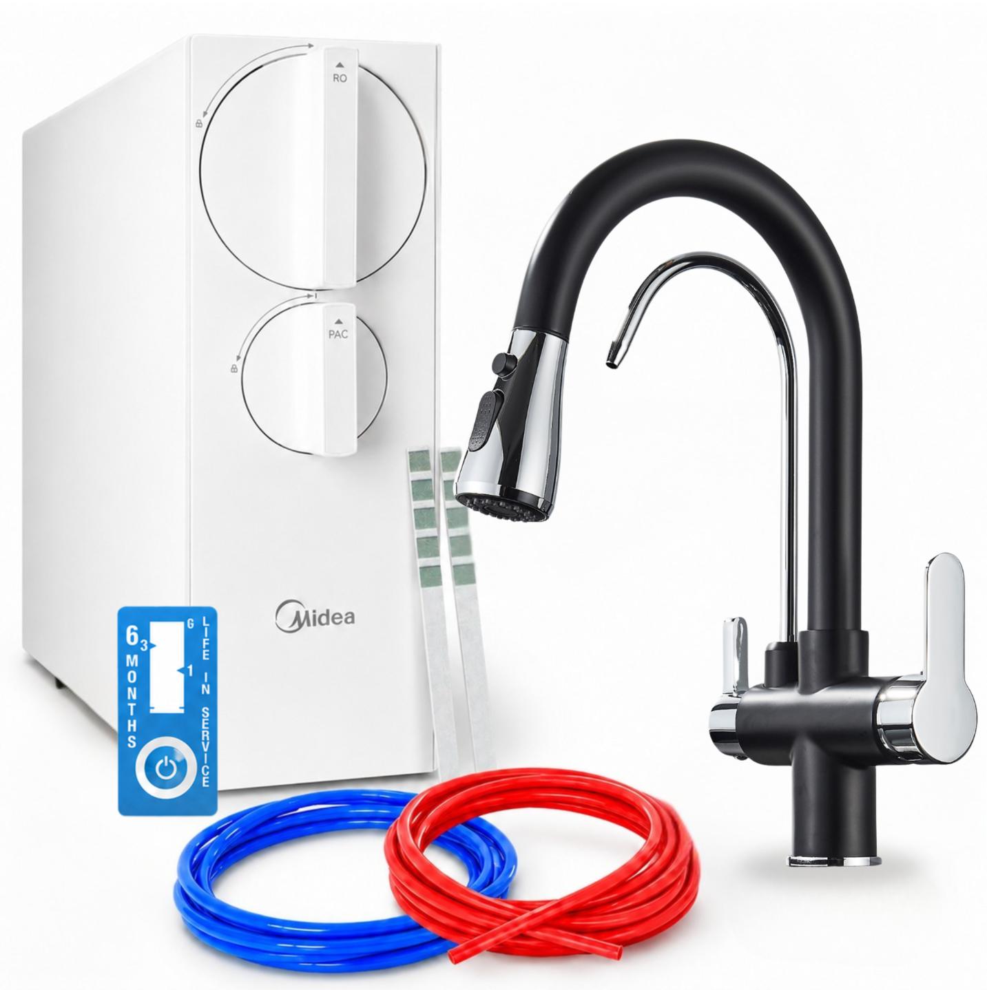 Umkehrosmose Wasserfilteranlage Ari Nordic 800 Gpd, 3-Wege-Zweigriffarmatur, Keramikkartusche, 360 Grad Schwenkbar, Perlator, Messing, Schwarz Chrom