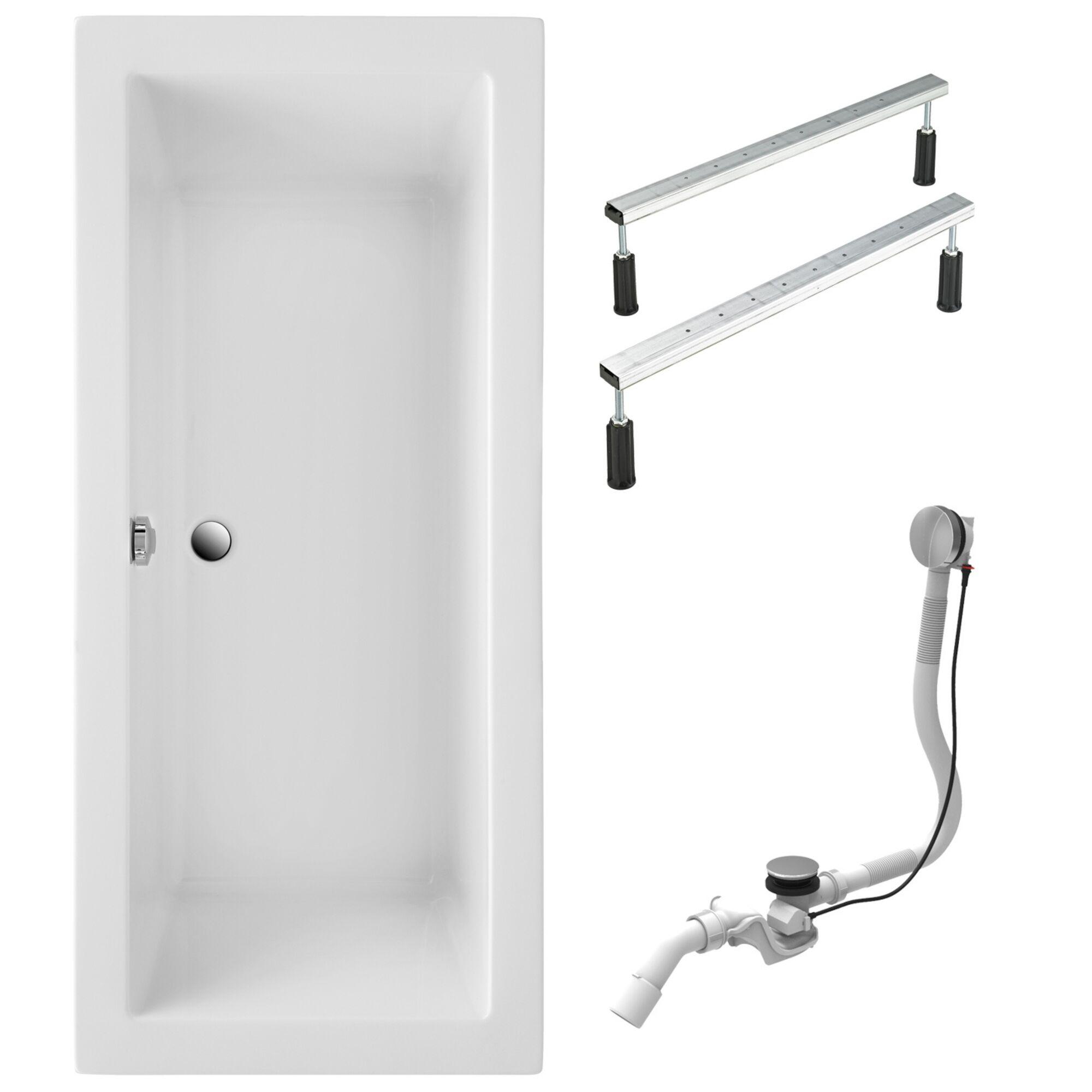 Schulte Badewanne 180x80 cm Komplettset mit Fußgestell und Ab- und Überlauf, Rechteckbadewanne Balos weiß
