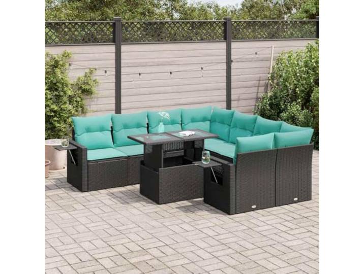 KTHLBRH Gartenmöbel-Set aus Polyrattan, 9-teilig, Schwarz Modular mit blauen Kissen, wasserdichte Aufbewahrungsbox, Glastisch, für Terrasse und Terrasse