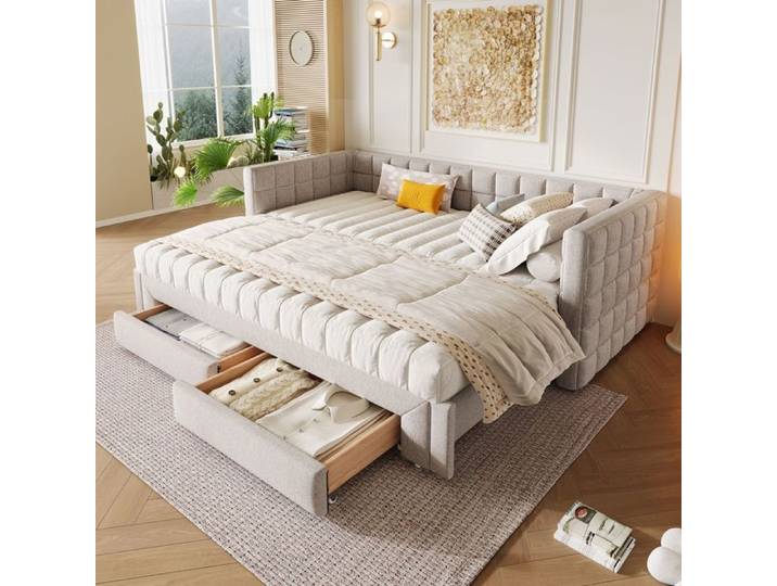 Lit gigogne - SOGEU - lit gigogne - 90x200 - Velours beige - Avec tiroirs